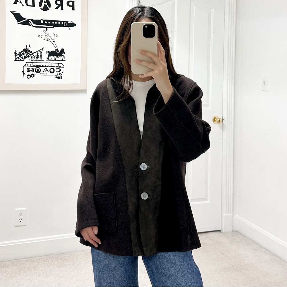 Eileen Fisher Merino Wool Lamb Leather Trim Jacket in Dark Brown
